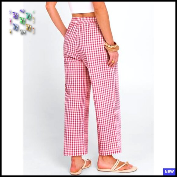 Striped Gingham Palazzo Pants Wide Leg Cropped Lounge Pajama Bottoms with - Picture 5 of 7